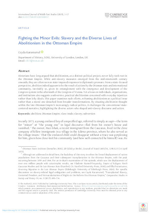 Fighting the Minor Evils: Slavery and the Diverse Lives of Abolitionism in the Ottoman Empire Thumbnail