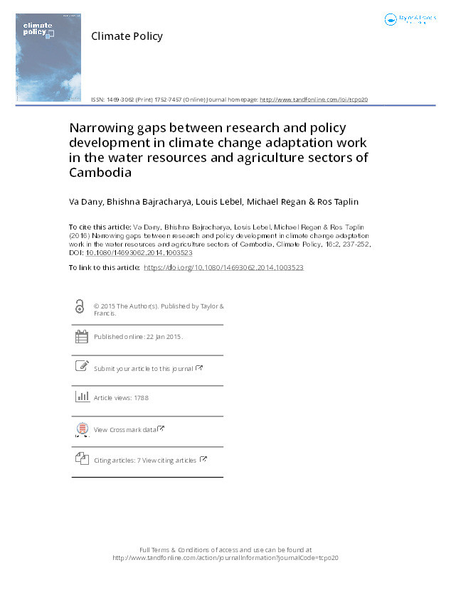 Narrowing gaps between research and policy development in climate change adaptation work in the water resources and agriculture sectors of Cambodia Thumbnail