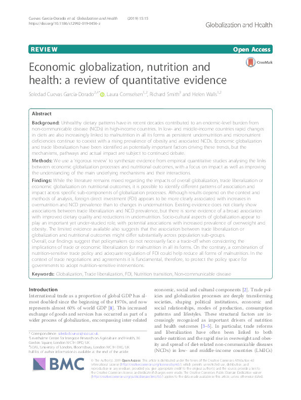 Economic Globalization, Nutrition and Health: a review of quantitative evidence Thumbnail