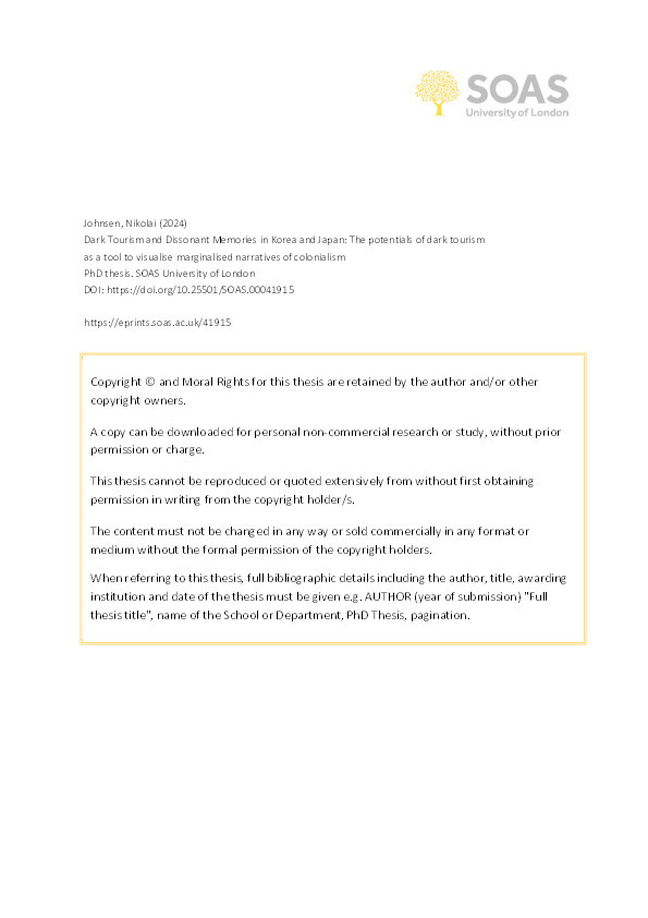 Dark Tourism and Dissonant Memories in Korea and Japan: The potentials of dark tourism as a tool to visualise marginalised narratives of colonialism Thumbnail