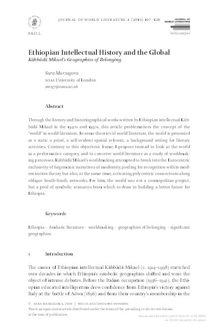 Ethiopian Intellectual History and the Global: Käbbädä Mikael’s Geographies of Belonging Thumbnail