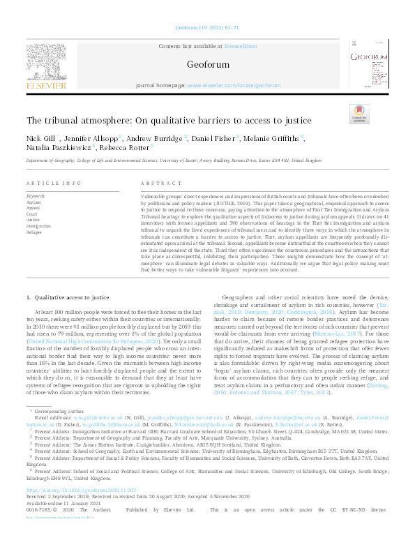 The tribunal atmosphere: On qualitative barriers to access to justice Thumbnail