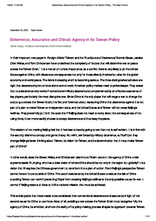 Deterrence, Assurance and China’s Agency in its Taiwan Policy Thumbnail