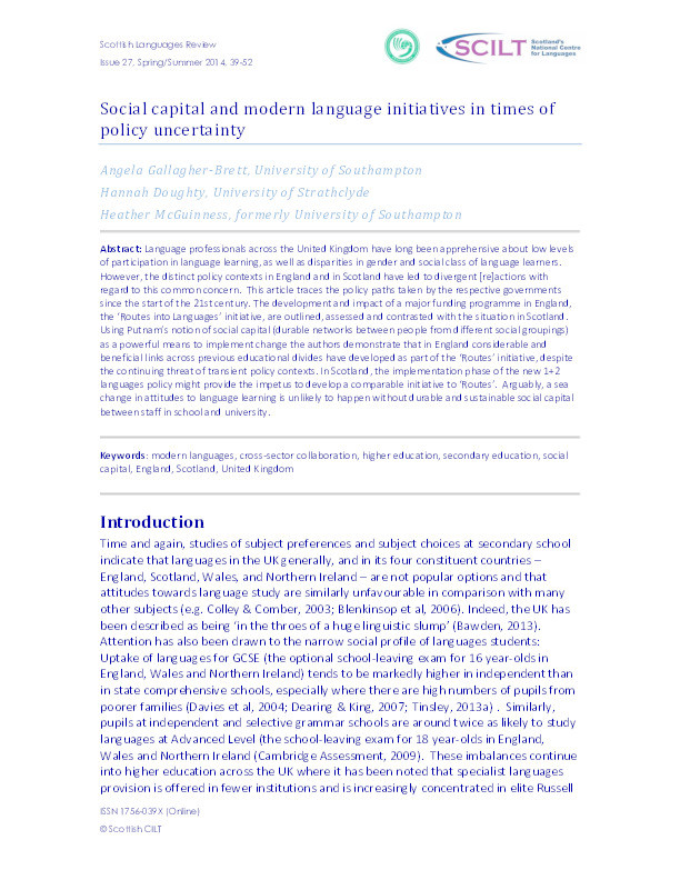 Social capital and modern language initiatives in times of policy uncertainty Thumbnail