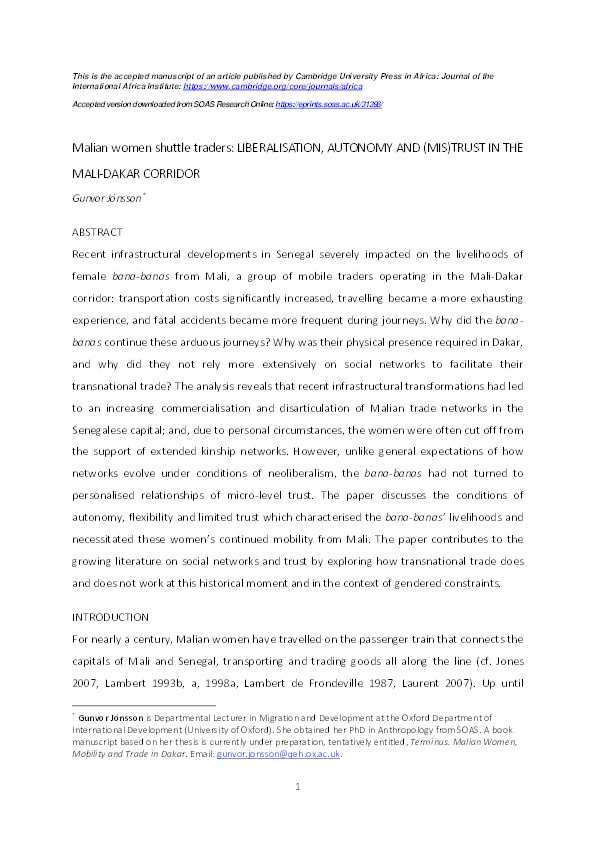 The Need to Travel: Malian Women Shuttle Traders, Autonomy and (Mis)trust in Neoliberal Dakar Thumbnail