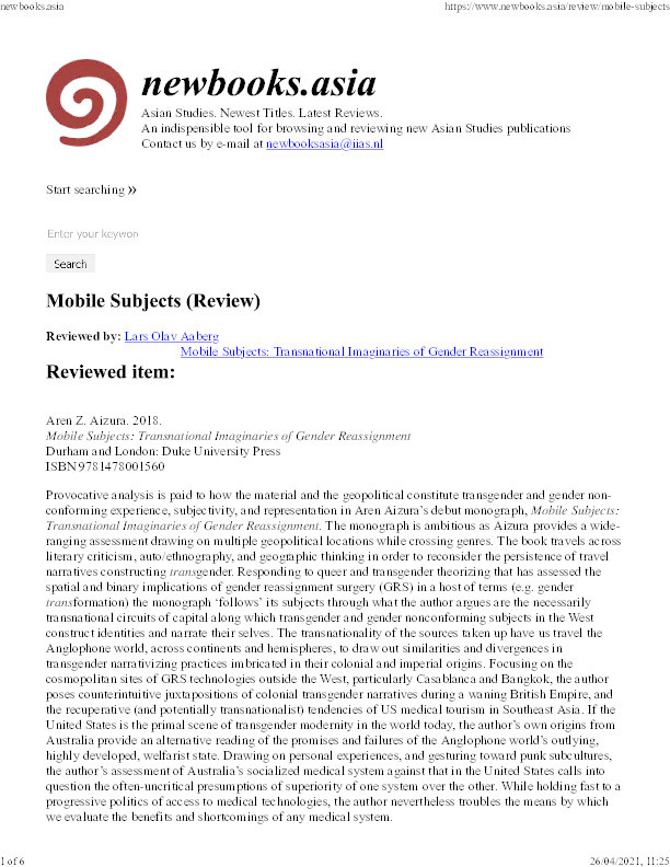 Review of: Mobile Subjects: Transnational Imaginaries of Gender Reassignment by Aren Z. Aizura Thumbnail