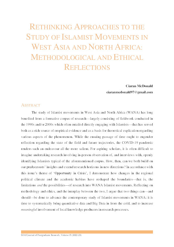 Rethinking Approaches To The Study Of Islamist Movements In West Asia And North Africa: Methodological And Ethical Reflections Thumbnail