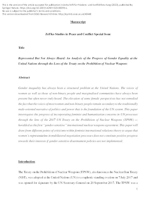 Represented but not always heard: an analysis of the progress of gender equality at the United Nations through the lens of the Treaty on the Prohibition of Nuclear Weapons Thumbnail