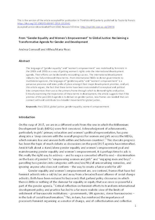 From “Gender Equality and Women’s Empowerment” to Global Justice: Reclaiming a Transformative Agenda for Gender and Development Thumbnail