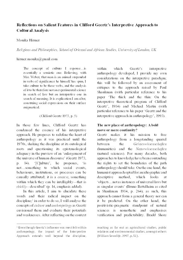 Reflections on Salient Features in Clifford Geertz’s Interpretive Approach to Cultural Analysis Thumbnail
