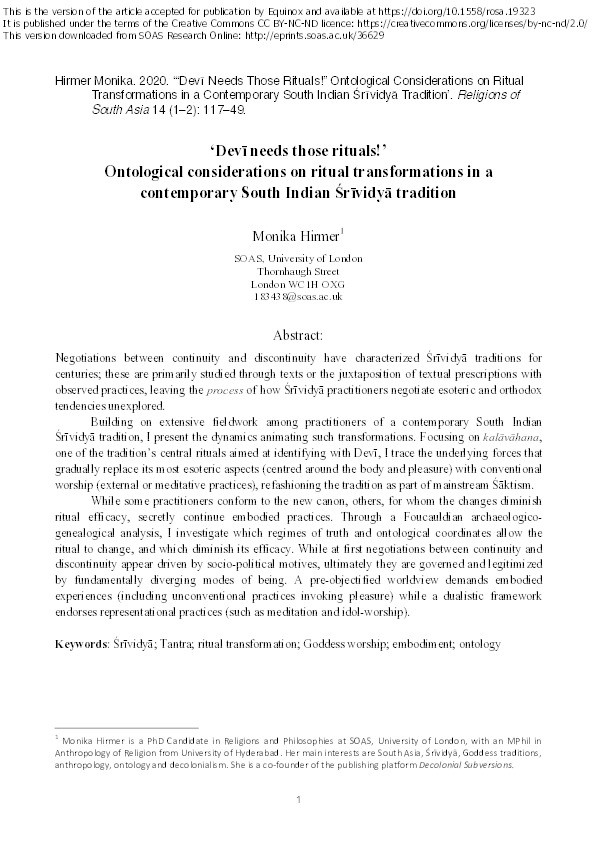 "Devī Needs Those Rituals!" Ontological Considerations on Ritual Transformations in a Contemporary South Indian Śrīvidyā Tradition Thumbnail