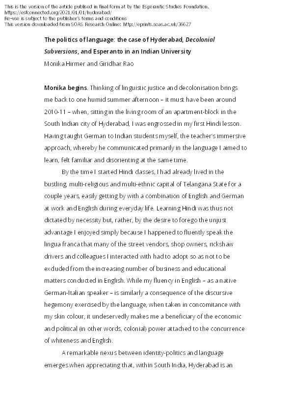 The Politics of Language: The Case of Hyderabad, Decolonial Subversions, and Esperanto in an Indian University Thumbnail