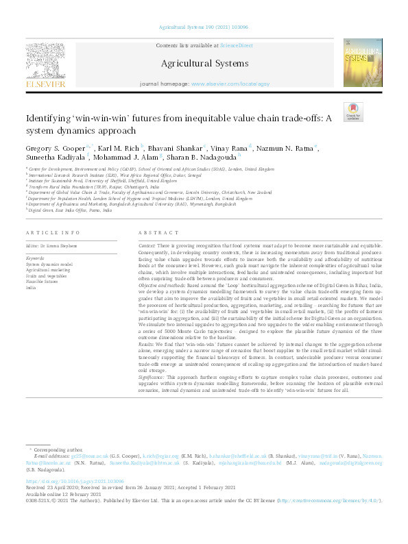 Identifying ‘win-win-win’ futures from inequitable value chain trade-offs: A system dynamics approach Thumbnail