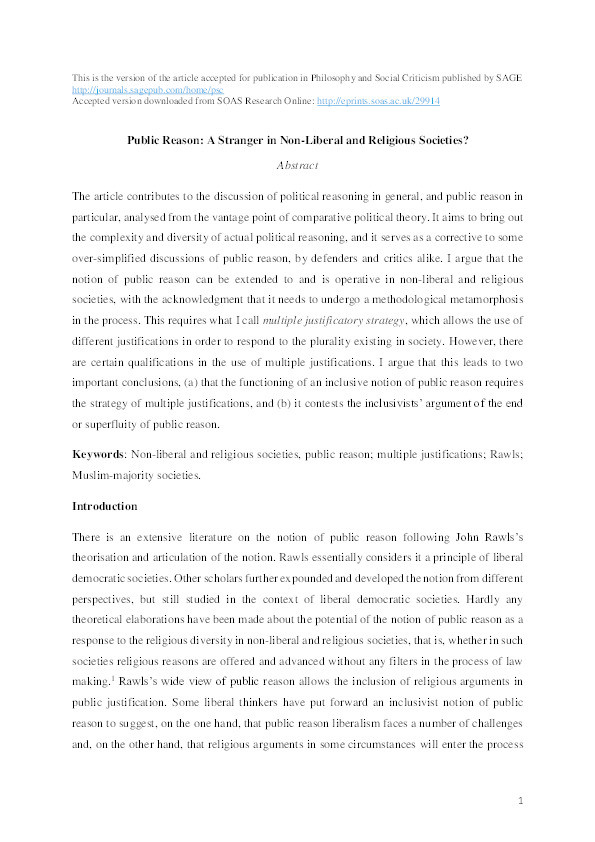 Public Reason: A Stranger in Non-Liberal and Religious Societies? Thumbnail