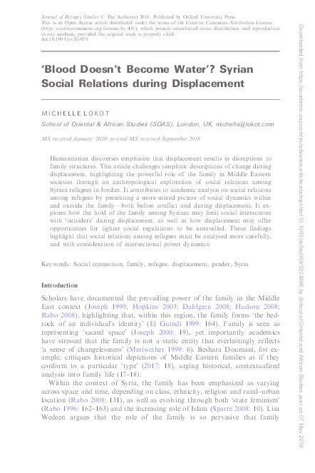 ‘Blood Doesn’t Become Water’? Syrian Social Relations during Displacement Thumbnail