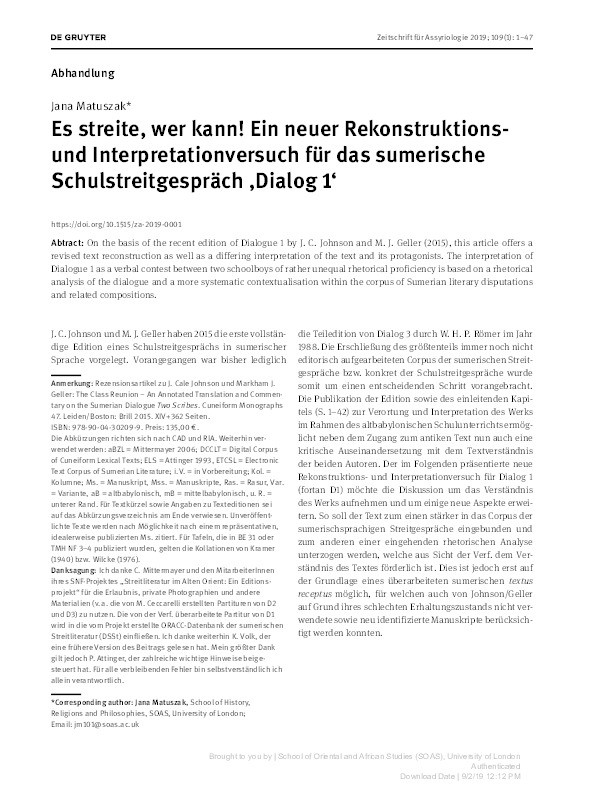 Es streite, wer kann! Ein neuer Rekonstruktions- und Interpretationversuch für das sumerische Schulstreitgespräch ‚Dialog 1’ Thumbnail