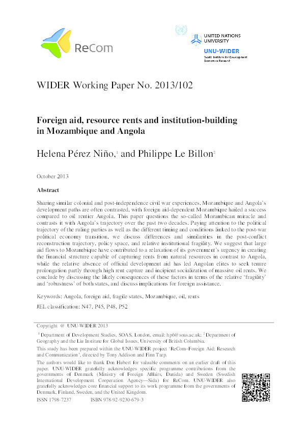 Foreign aid, resource rents and institution-building in Mozambique and Angola Thumbnail