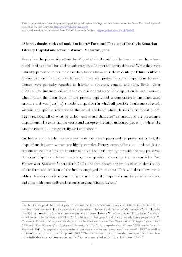 "She was dumbstruck and took it to heart." Form and Function of Insults in Sumerian Literary Disputations between Women Thumbnail