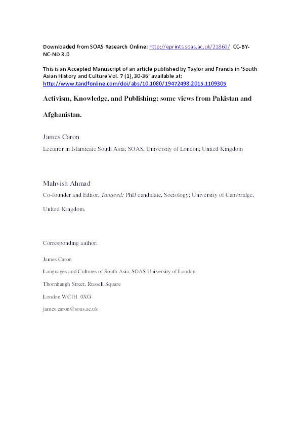 Activism, knowledge and publishing: some views from Pakistan and Afghanistan Thumbnail