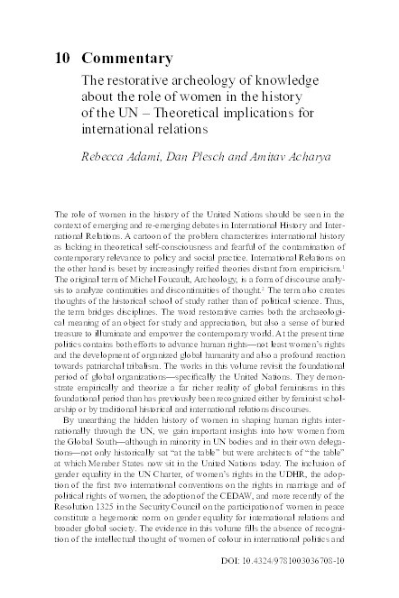 Commentary: The restorative archeology of knowledge about the role of women in the history of the UN – Theoretical implications for international relations Thumbnail