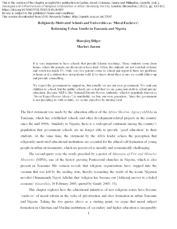 Religiously-Motivated Schools and Universities as ‘Moral Enclaves’:  Reforming Urban Youths in Tanzania and Nigeria Thumbnail