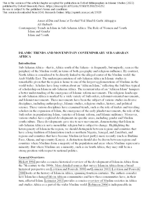 Islamic Trends and Movements in Contemporary Sub-Saharan Africa Thumbnail