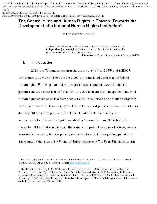 The Control Yuan and Human Rights in Taiwan: Towards the Development of a National Human Rights Institution? Thumbnail