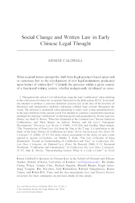 Social Change and Written Law in Early Chinese Legal Thought Thumbnail