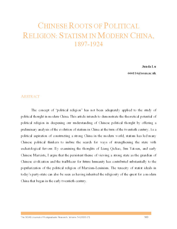 Chinese Roots of Political Religion: Statism in Modern China, 1897-1924 Thumbnail