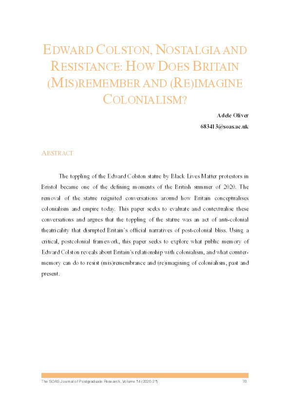 Edward Colston, Nostalgia and Resistance: How Does Britain (Mis)Remember and (Re)Imagine Colonialism? Thumbnail