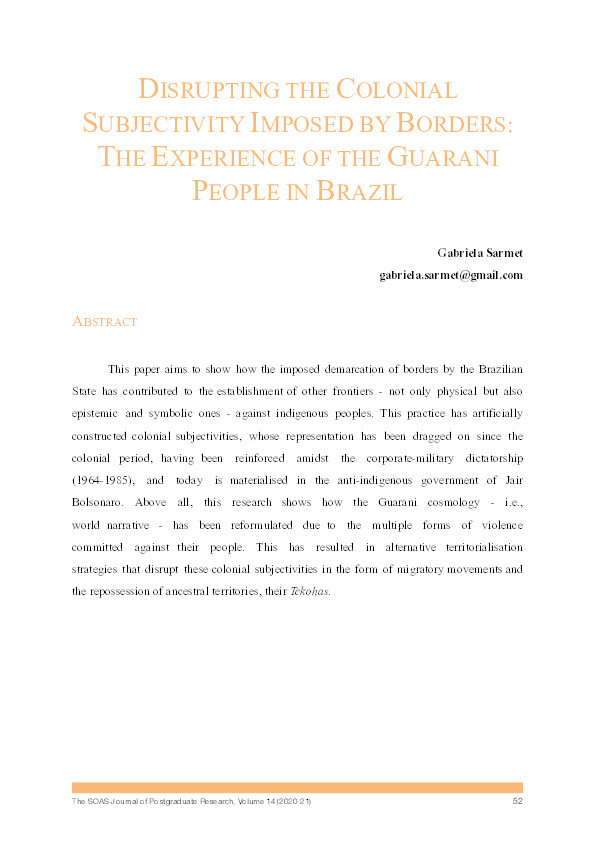 Disrupting the Colonial Subjectivity Imposed by Borders: The Experience of the Guarani People in Brazil Thumbnail