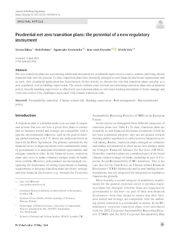 Prudential Net Zero Transition Plans: The Potential of a New Regulatory Instrument Thumbnail