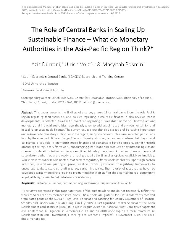 The Role of Central Banks in Scaling Up Sustainable Finance – What do Monetary Authorities in the Asia-Pacific Region Think? Thumbnail