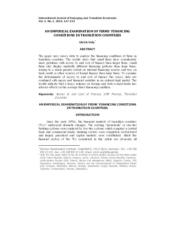 An Empirical Examination of Firms' Financing Conditions in Transition Countries Thumbnail