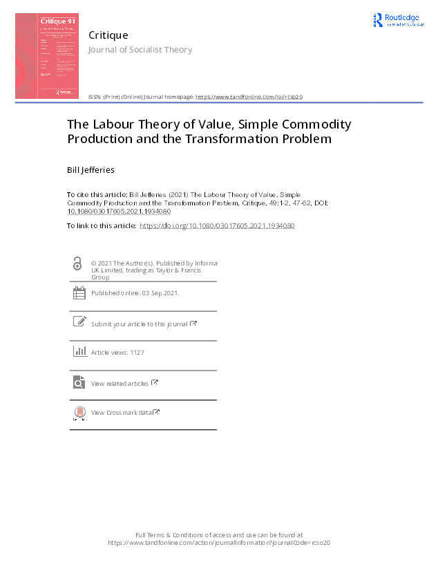 The Labour Theory of Value, Simple Commodity Production and the Transformation Problem Thumbnail