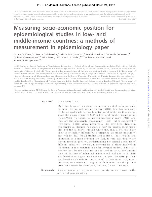Measuring socio-economic position for epidemiological studies in low- and Middle-income countries: a methods of measurement in epidemiology paper Thumbnail