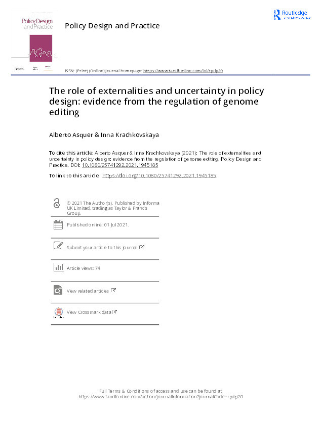 The Role of Externalities and Uncertainty in Policy Design: Evidence from the Regulation of Genome Editing Thumbnail