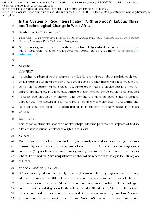 Is the system of rice intensification (SRI) pro poor? Labour, class and technological change in West Africa Thumbnail