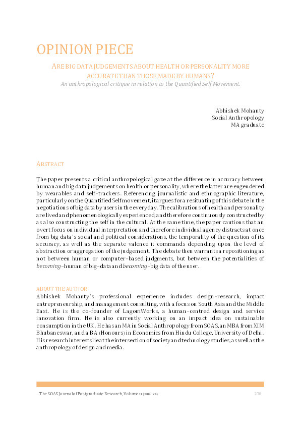 Opinion Piece: Are Big Data Judgements About Health Or Personality More Accurate Than Those Made By Humans? An Anthropological Critique In Relation To The Quantified Self Movement. Thumbnail