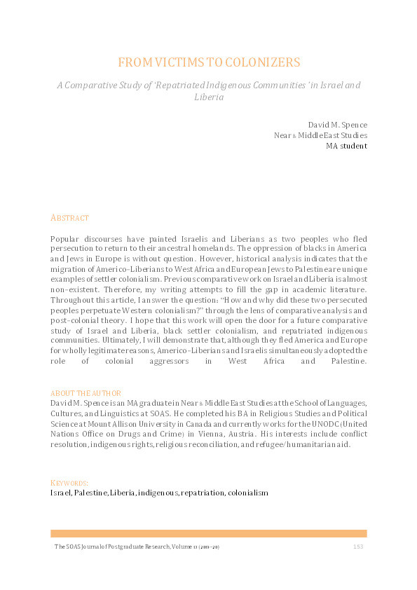 From Victims to Colonizers: A Comparative Study of ‘Repatriated Indigenous Communities’ in Israel and Liberia Thumbnail
