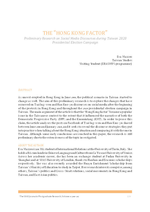 The 'Hong Kong Factor': Preliminary Research on Social Media Discourses during Taiwan 2020 Presidential Election Campaign Thumbnail