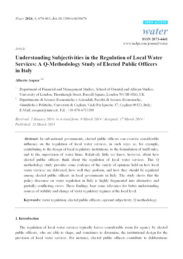 Understanding Subjectivities in the Regulation of Local Water Services: A Q Methodology Study of Elected Public Officers in Italy Thumbnail