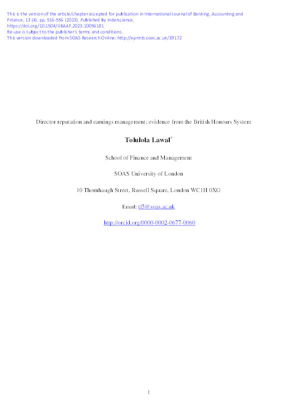 Director reputation and earnings management: evidence from the British Honours System Thumbnail