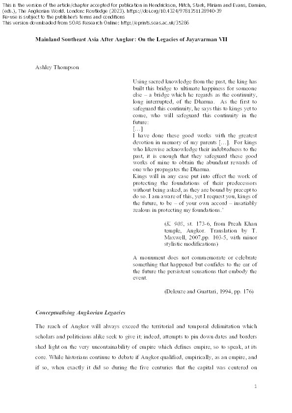 Mainland Southeast Asia after Angkor: On the Legacies of Jayavarman VII Thumbnail