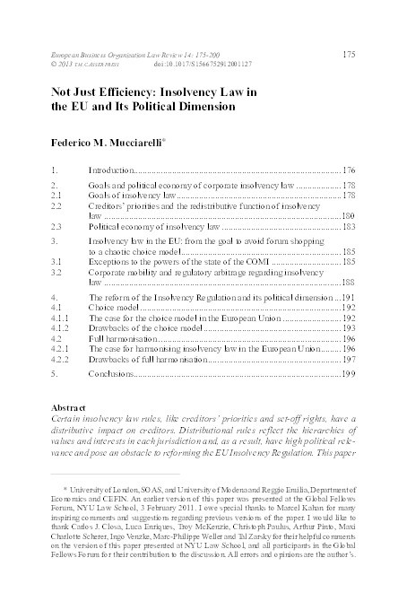 Not Just Efficiency: Insolvency Law in the EU and Its Political Dimension Thumbnail