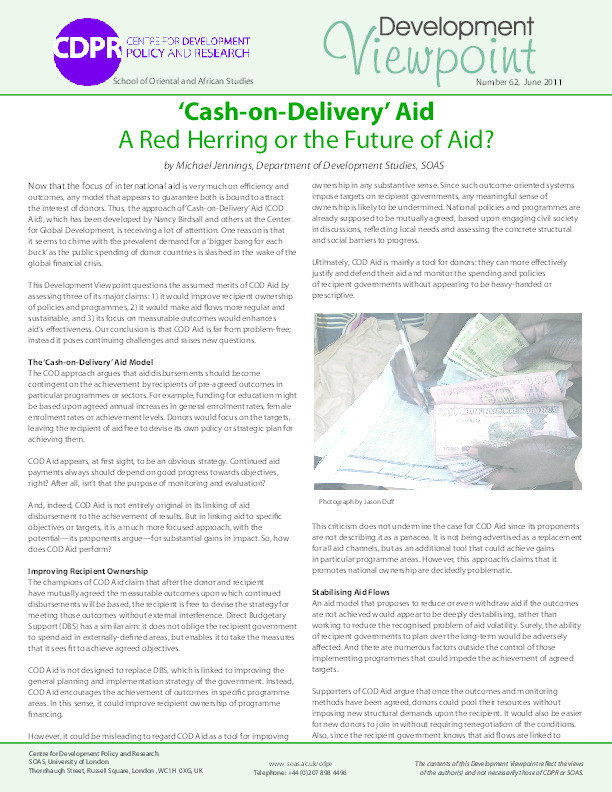 ‘Cash-on-Delivery’ Aid : A Red Herring or the Future of Aid? Thumbnail