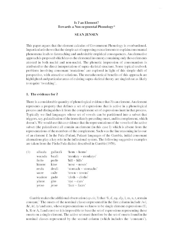 Is ʔ an Element? Towards a Non-segmental Phonology Thumbnail