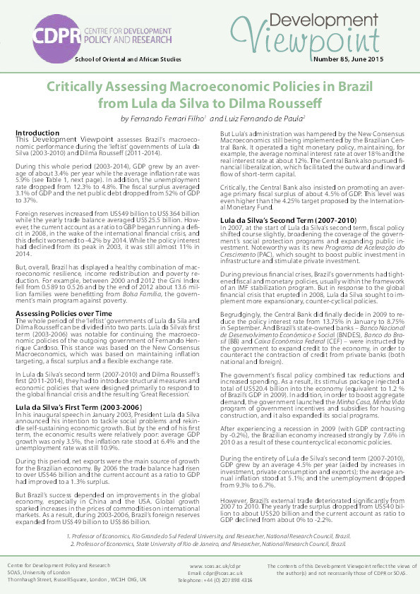 Critically Assessing Macroeconomic Policies in Brazil from Lula da Silva to Dilma Rousseff Thumbnail