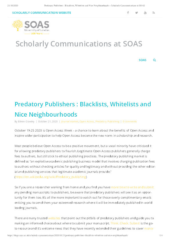 Predatory Publishers : Blacklists, Whitelists and Nice Neighbourhoods Thumbnail