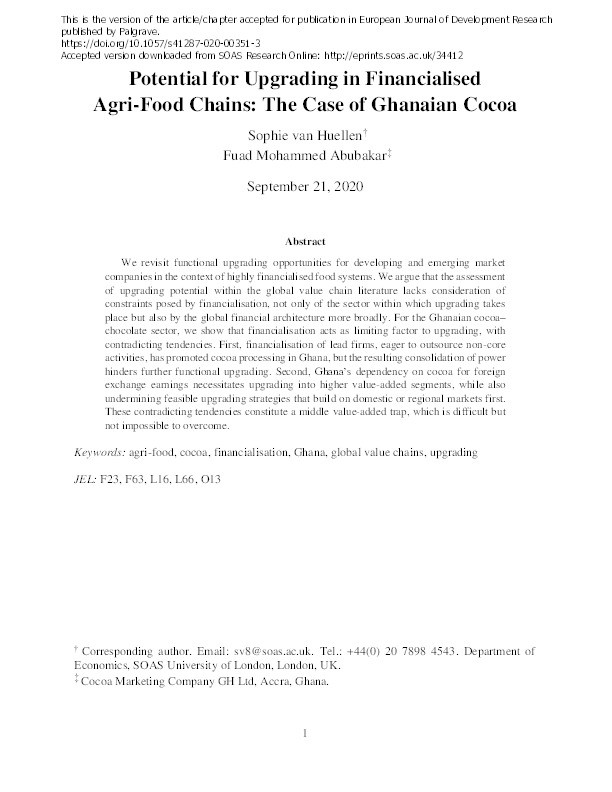 Potential for Upgrading in Financialised Agri-Food Chains: The Case of Ghanaian Cocoa Thumbnail